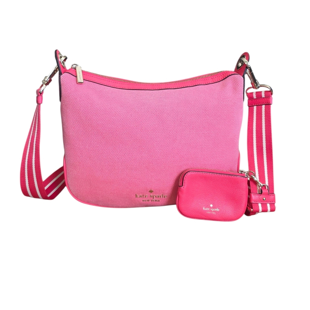 kate spade Bright Pink Canvas Crossbody with Striped Strap and Coin Pouch